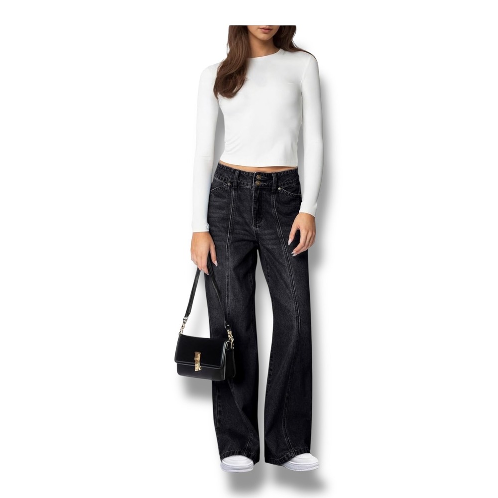 NEW Sidefeel Womens High Waisted Seamed Wide Leg Jeans Washed Black Size 10 - Picture 4 of 8